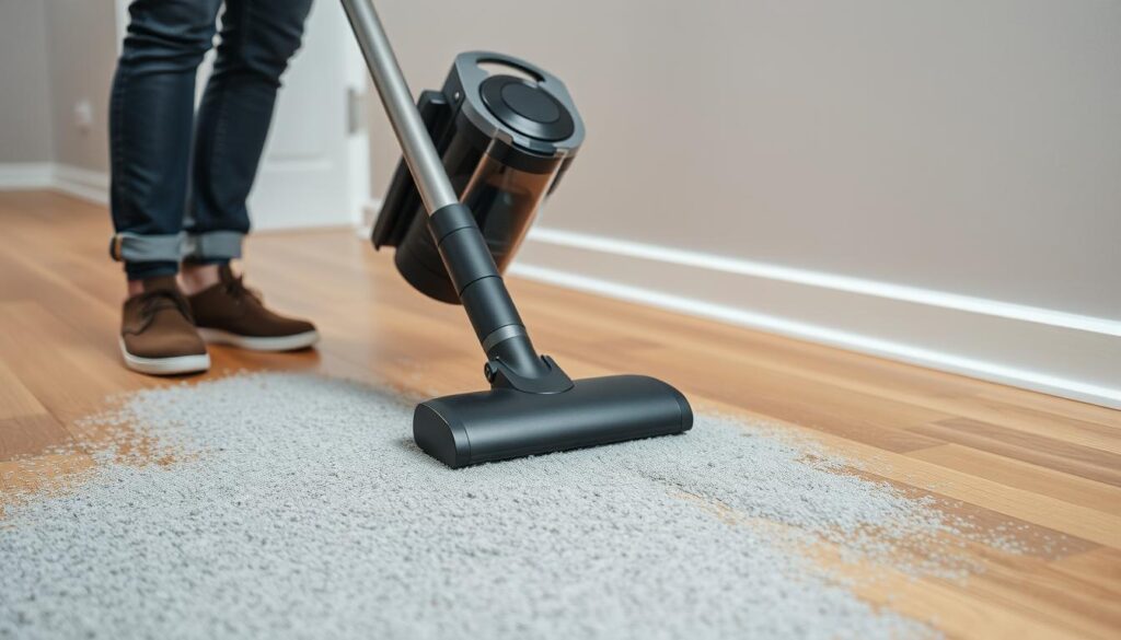 membersihkan debu abu dengan vacuum cleaner